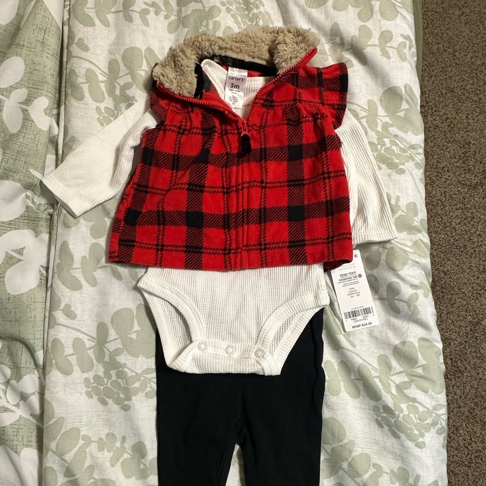 Carter's Red and Black Furry Plaid Vest Onesie & Pants Set 3 months